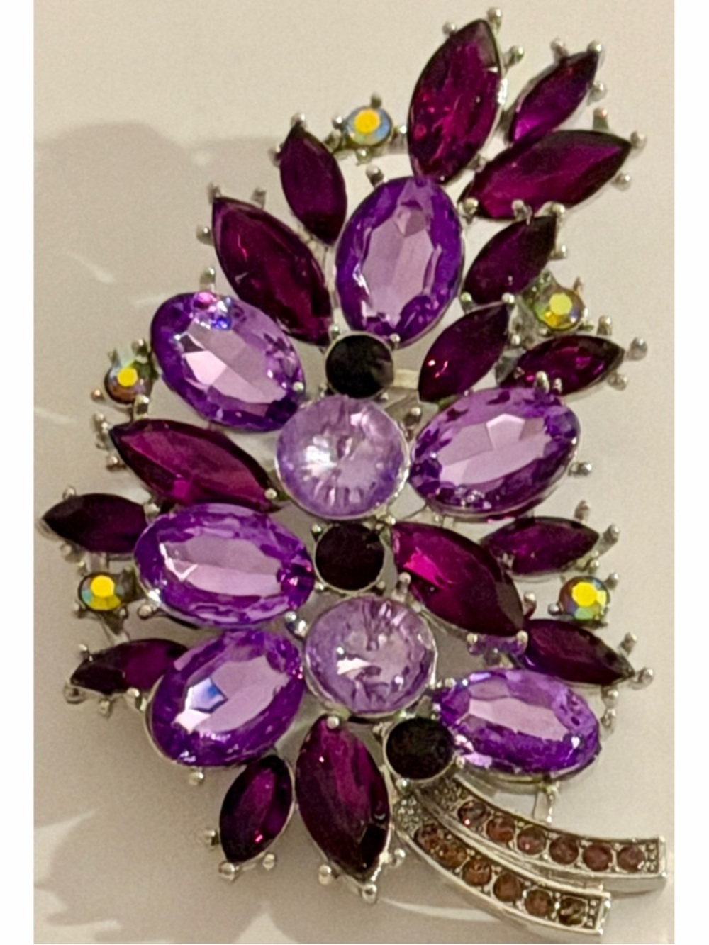 Large Purple Rhinestone Floral Spray Brooch Silver Tone Statement Pin Like New